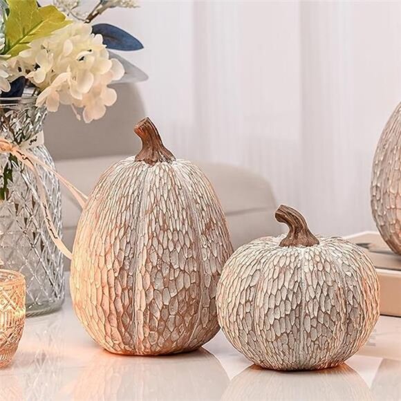 Artificial Pumpkin Decor Set of 2 White Brown Resin Pumpkins Fall Thanksgiving - Picture 7 of 7